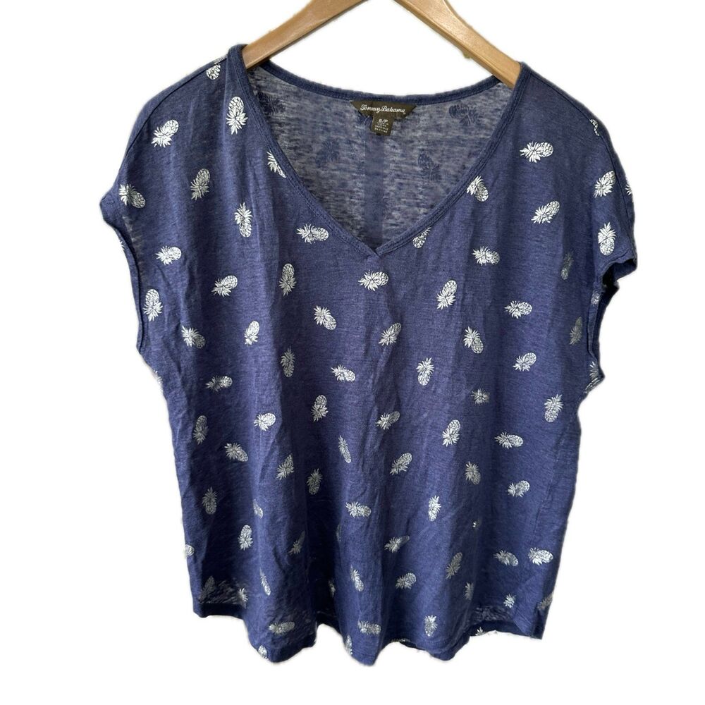 Tommy Bahama Women's All Over Metallic Silver Pineapples Semi Sheer V Neck Top S